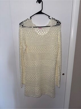 Pink Lily Cream Crochet Swim Coverup